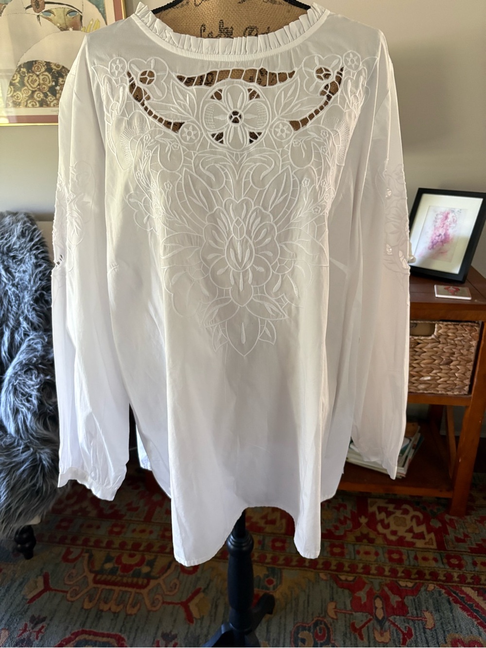 Talbots White Embroidered Cutout Long-Sleeve Blouse